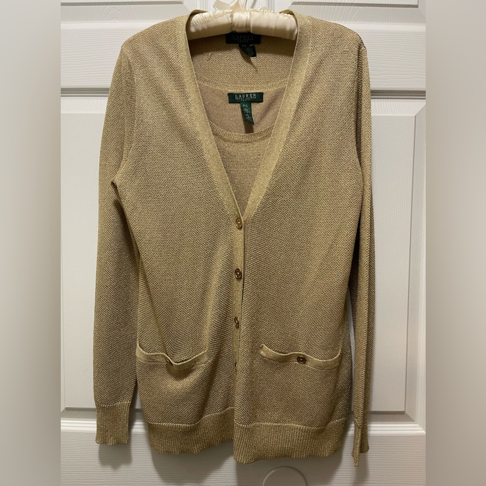 Lauren Ralph Lauren Women's Two Piece Top Blouse Cardigan Gold Gliterry Size P/L